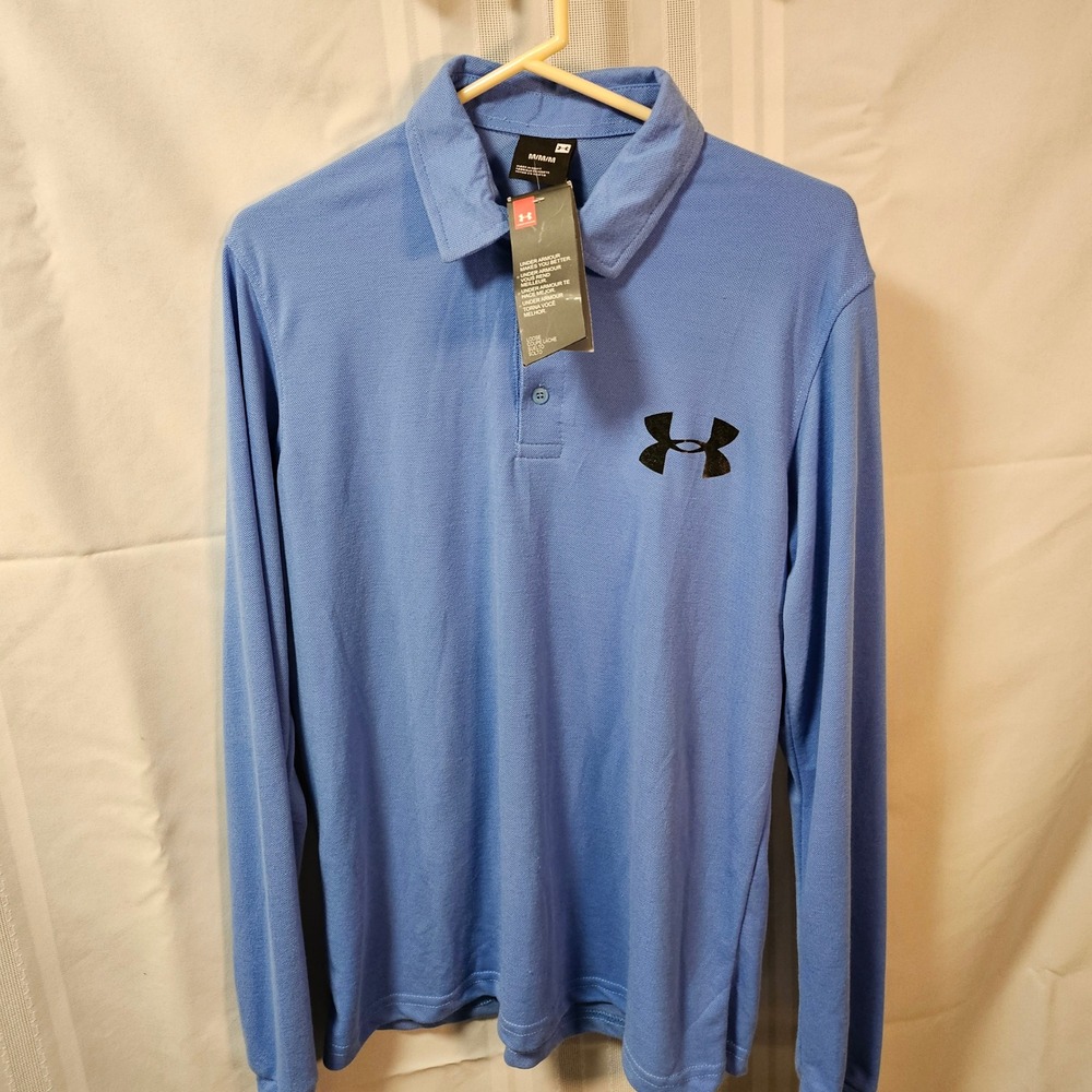 Under Armour Polo Shirt Mens M Blue Long Sleeve Pique Cotton Logo Sport Casual